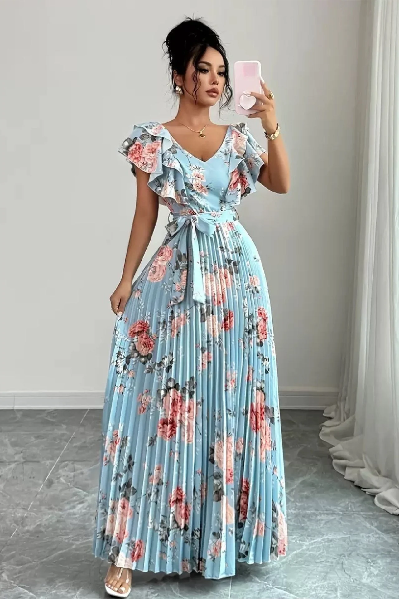 Valentina Floral V-Neck Ruffle Sleeve Maxi Dress - Image 6