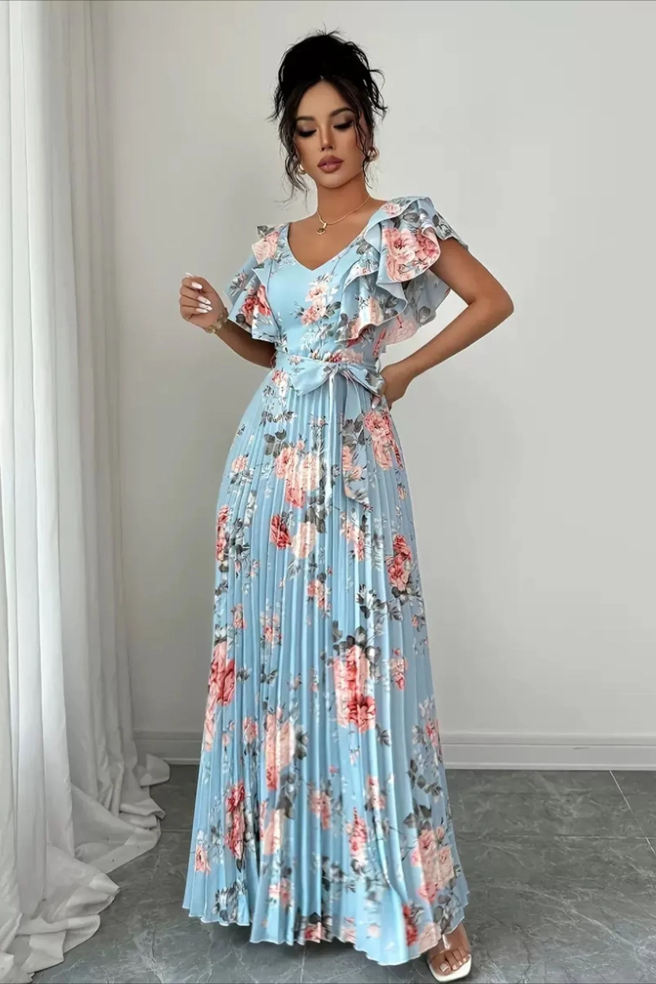 Valentina Floral V-Neck Ruffle Sleeve Maxi Dress - Image 8