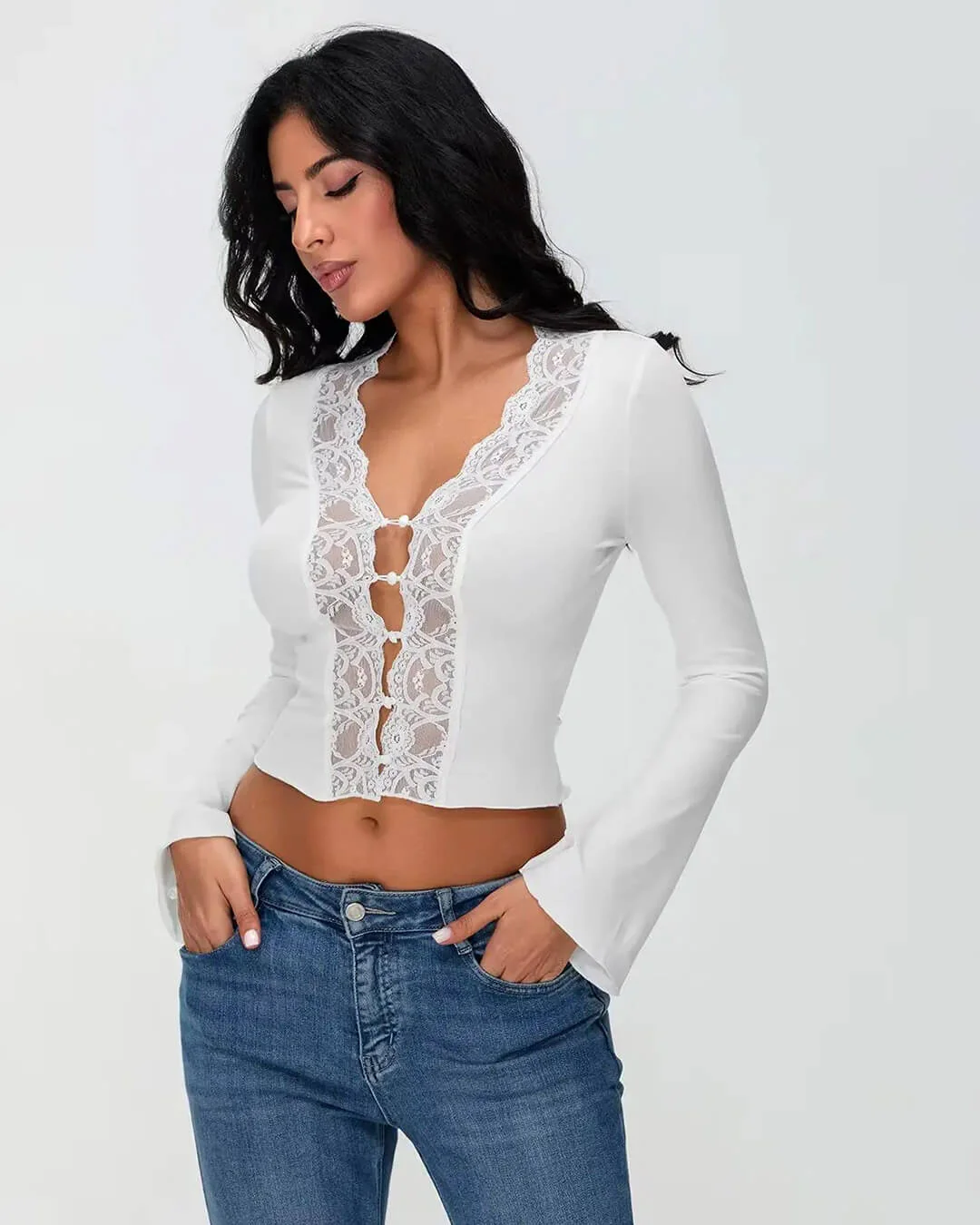 Victoria Long Sleeve Lace Trim Blouse - Image 5