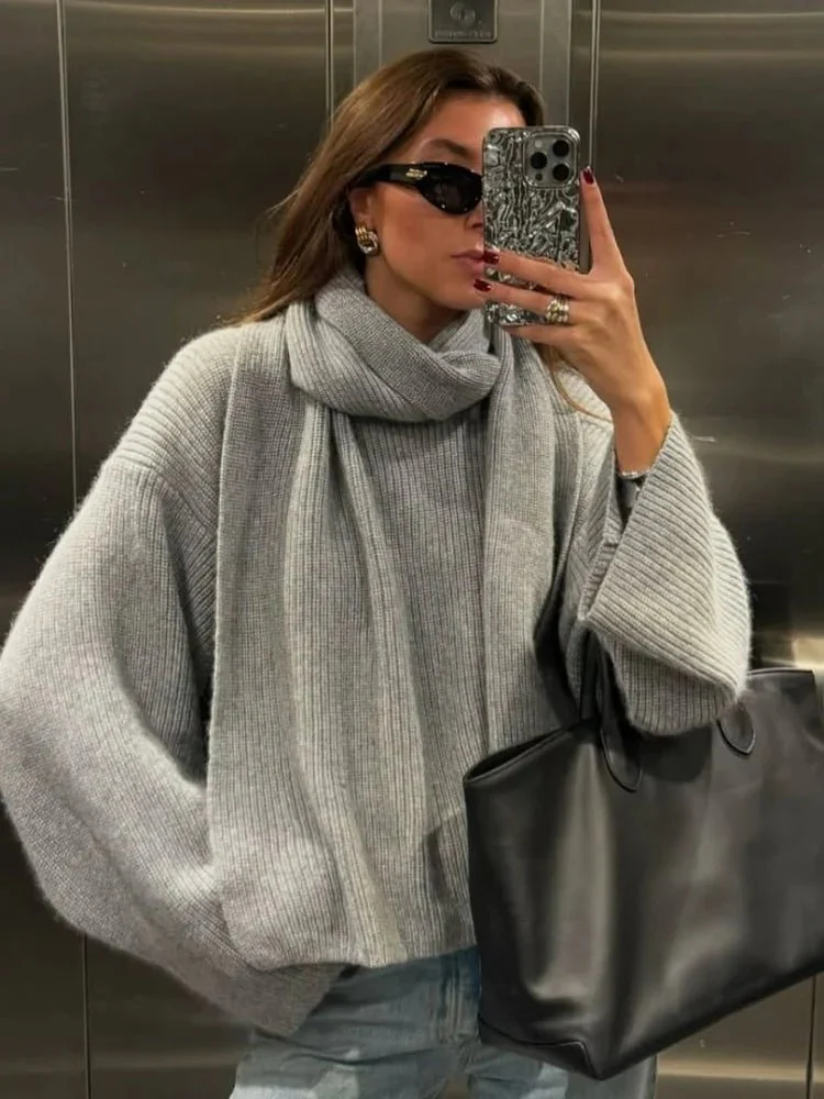Xia Loose Knit Pullover with Scarf - Image 3