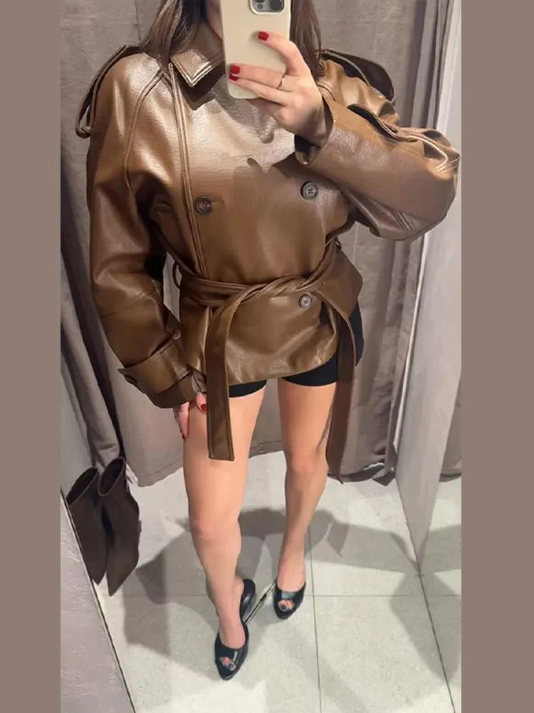 Xylia Belted Faux Leather Trench Coat - Image 5