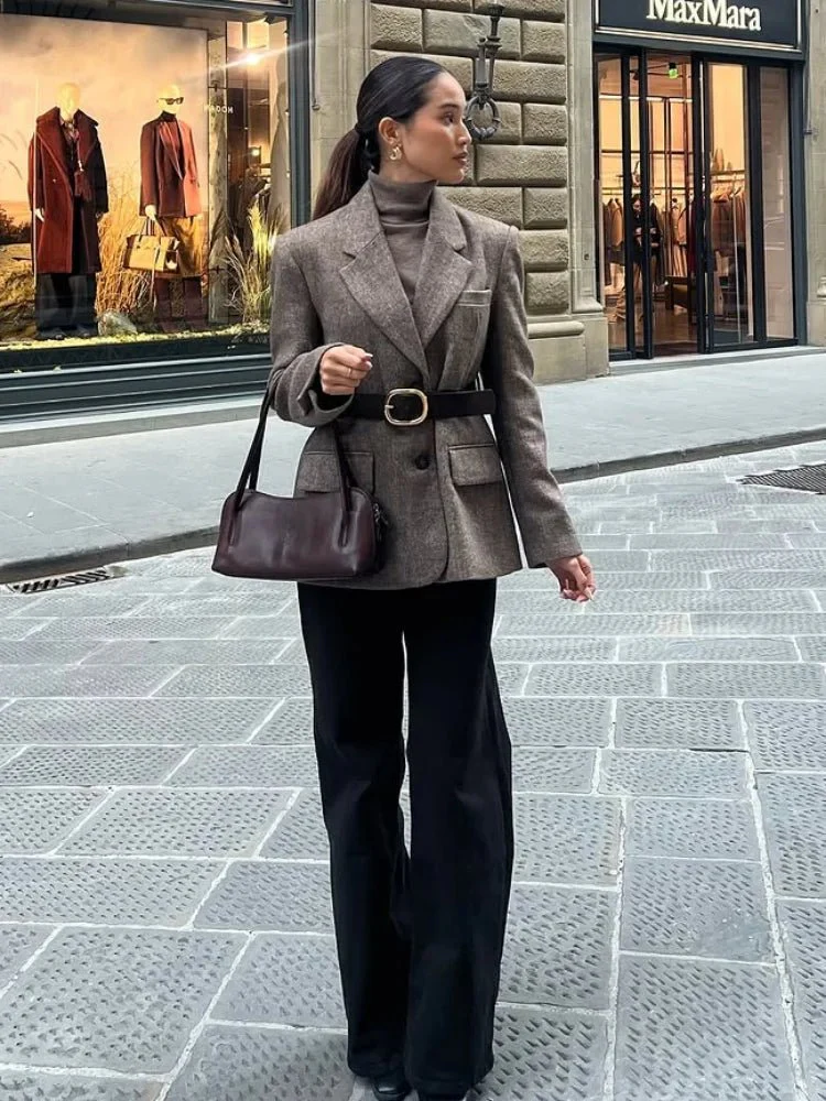 Yalina Herringbone Blazer with Belt