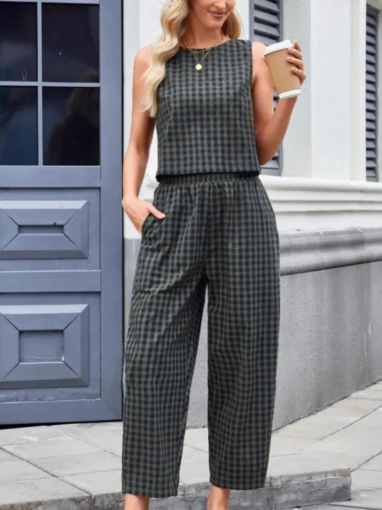 Zara Plaid Sleeveless Vest Nine Point Pants Set