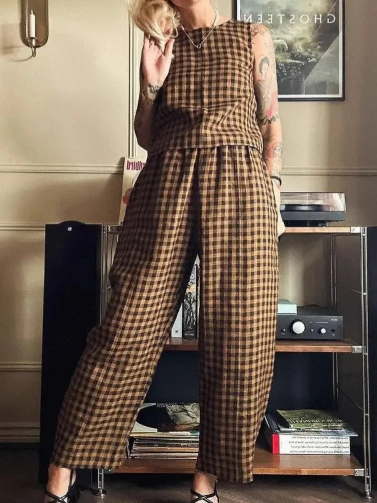 Zara Plaid Sleeveless Vest Nine Point Pants Set - Image 5